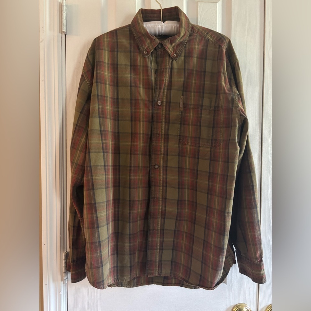 Men's Olive Green Plaid Button-Down Casual Shirt